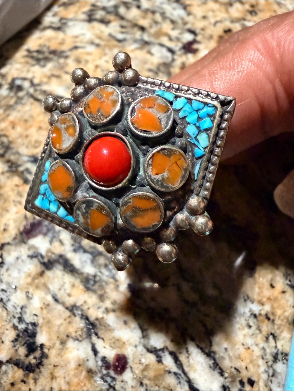 Bold Red Coral & Turquoise Inlay Statement Ring